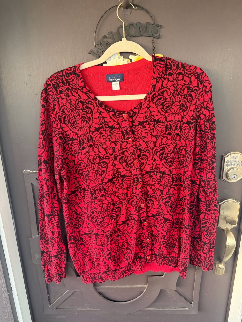 Basic Editions Red Cardigan with Black Floral Damask